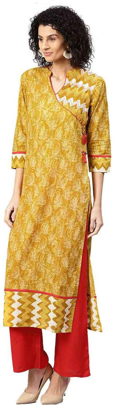 

Jaipur Kurti Women Mustard Red Abstract Straight Cotton Kurta with Palazzo