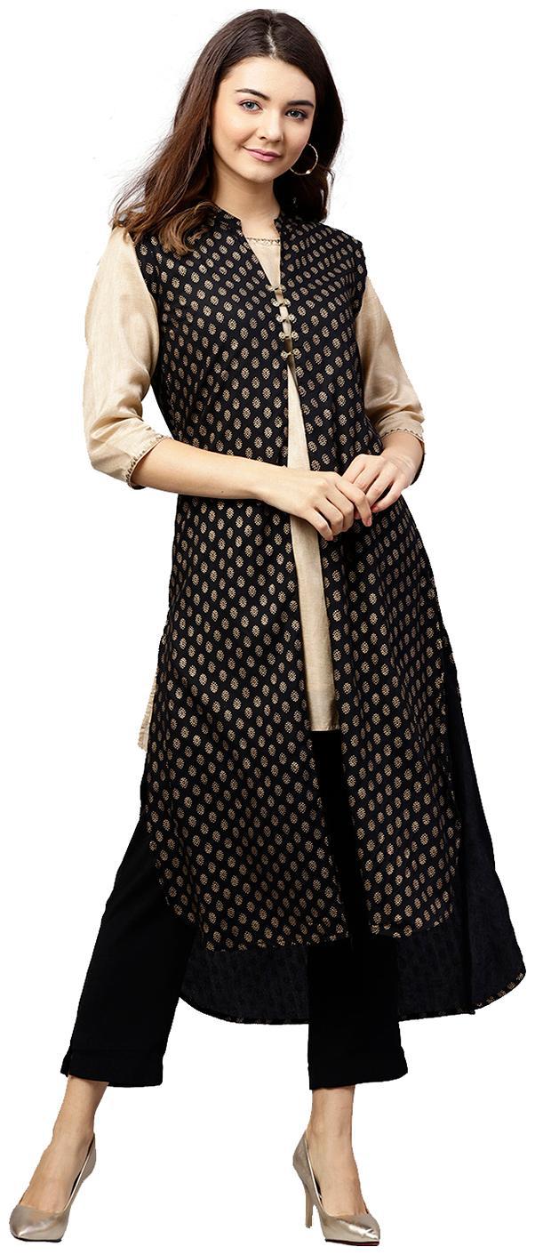 Buy Jaipur Kurti Women Black Ethnic Motifs Straight Rayon Shrug Online
