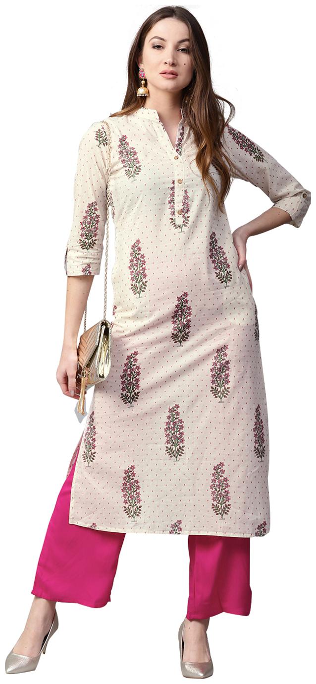 

Jaipur Kurti Women White Floral Straight Kurta With Palazzo