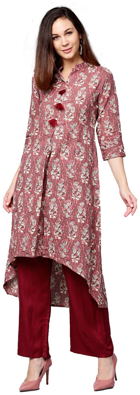 

Jaipur Kurti Women Pastel Pink Maroon Ethnic Motifs Straight Cotton Kantha Kurta With Palazzo