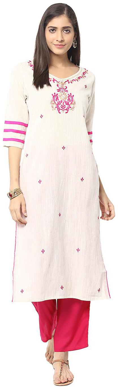 

Jaipur Kurti Off-White Rani Pink Embroidered Kurta With Palazzo Trousers