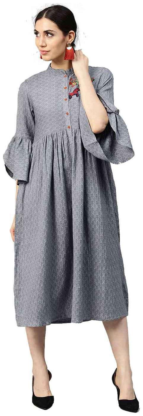 

Jaipur Kurti Women Grey Embroidered A-Line Dobby Fusion Kurti