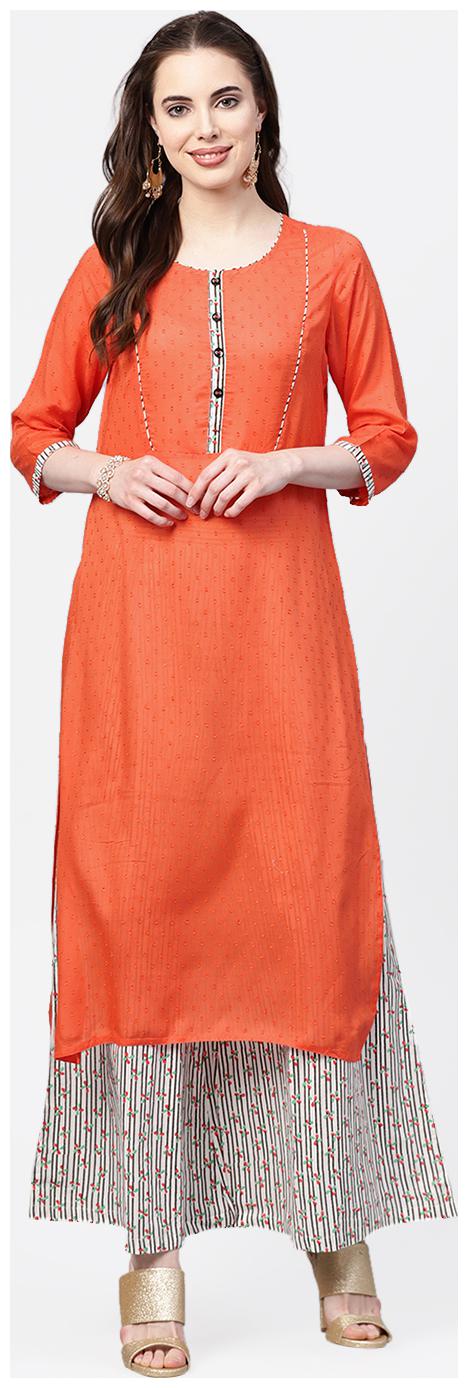 

Jaipur Kurti Cotton 3 4th Sleeves Stitched Suits Orange Grey