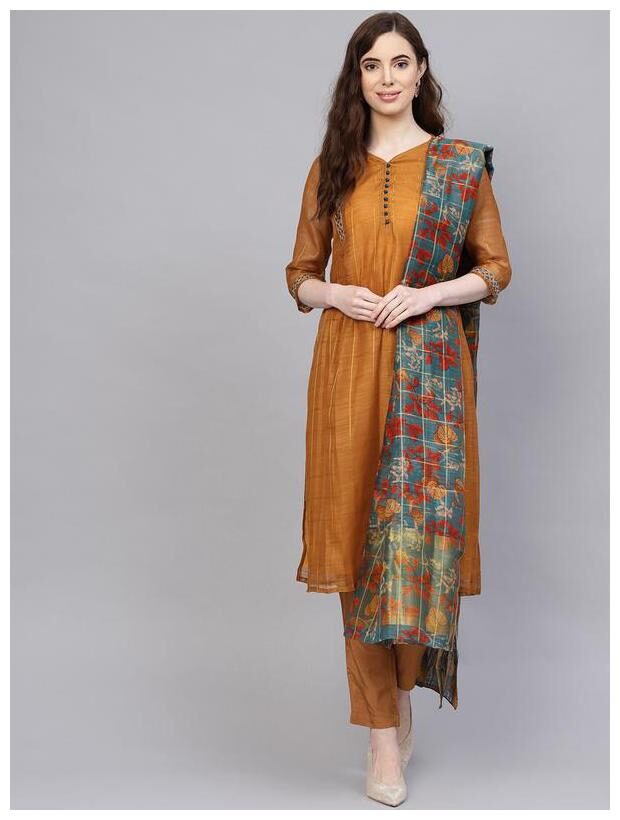 

Jaipur Kurti Women Chanderi Straight Suit Set -Brown