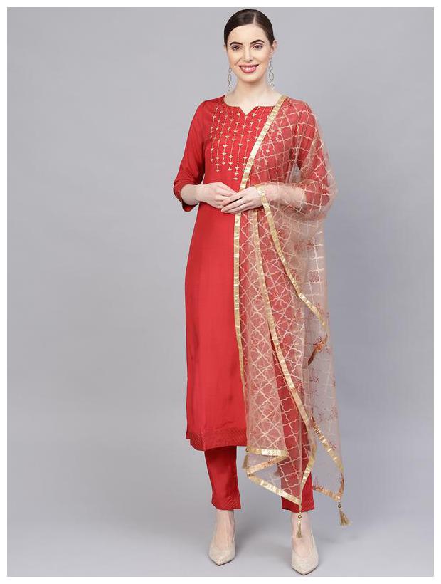 

Jaipur Kurti Women Viscose Straight Suit Set -Red