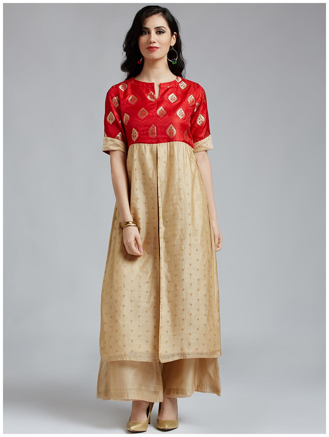 

Jaipur Kurti Women S Red Brocade Kurta With Cream Chanderi Palazzo