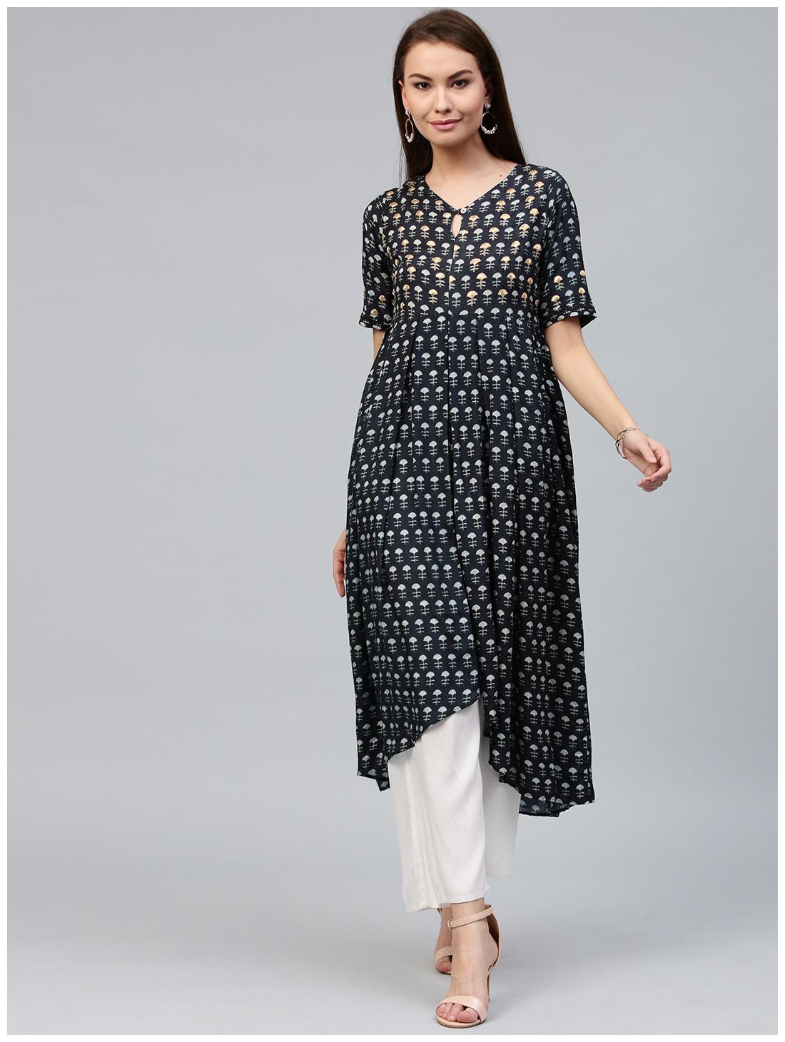 

Jaipur Kurti Women s Indigo Muslin Embroidered Long Kurti Dress with Front Slit