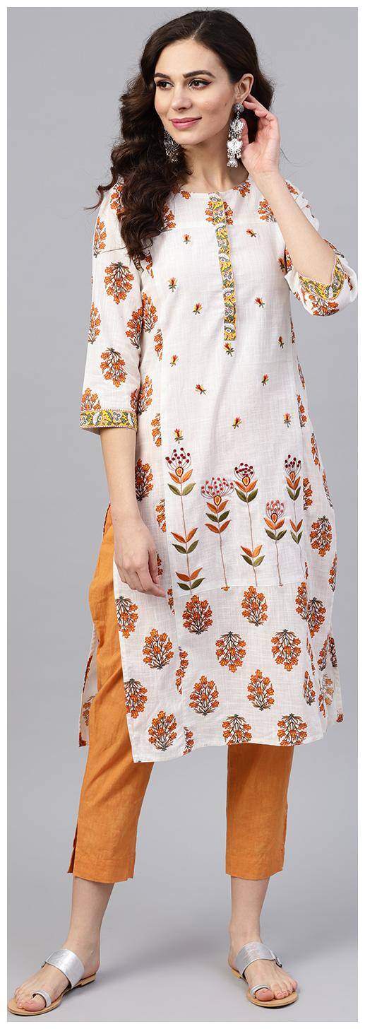 Jaipur Kurti Women White Floral Straight Kurta