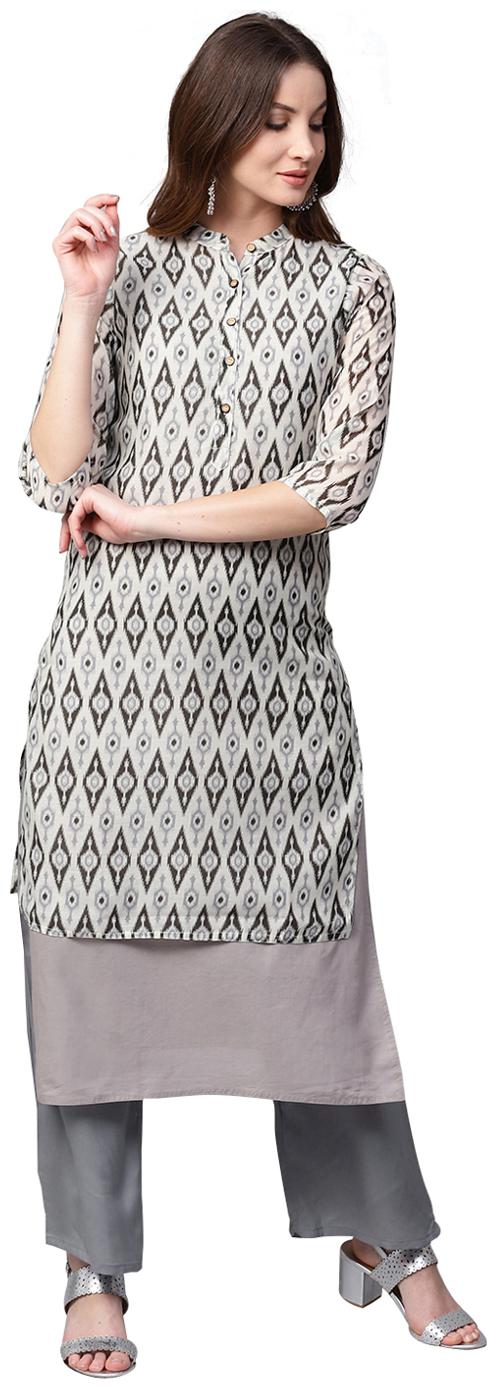 

Jaipur Kurti Women Grey Ikat Print Layered Chanderi Cotton Kurta with Palazzos