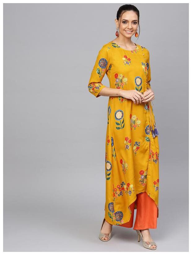 

Jaipur Kurti Rayon Floral Women Yellow Kurta