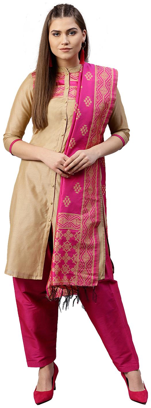 

Jaipur Kurti Women Beige Rani Solid Straight Chanderi Kurta with Patiala Dupatta