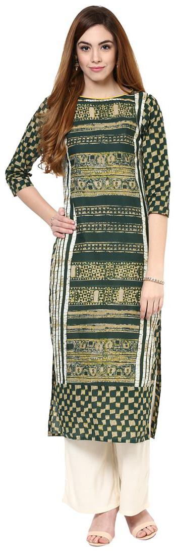 

Jaipur Kurti S Cotton Complete Set Of Green Kurta And Off White Rayon Palazzo