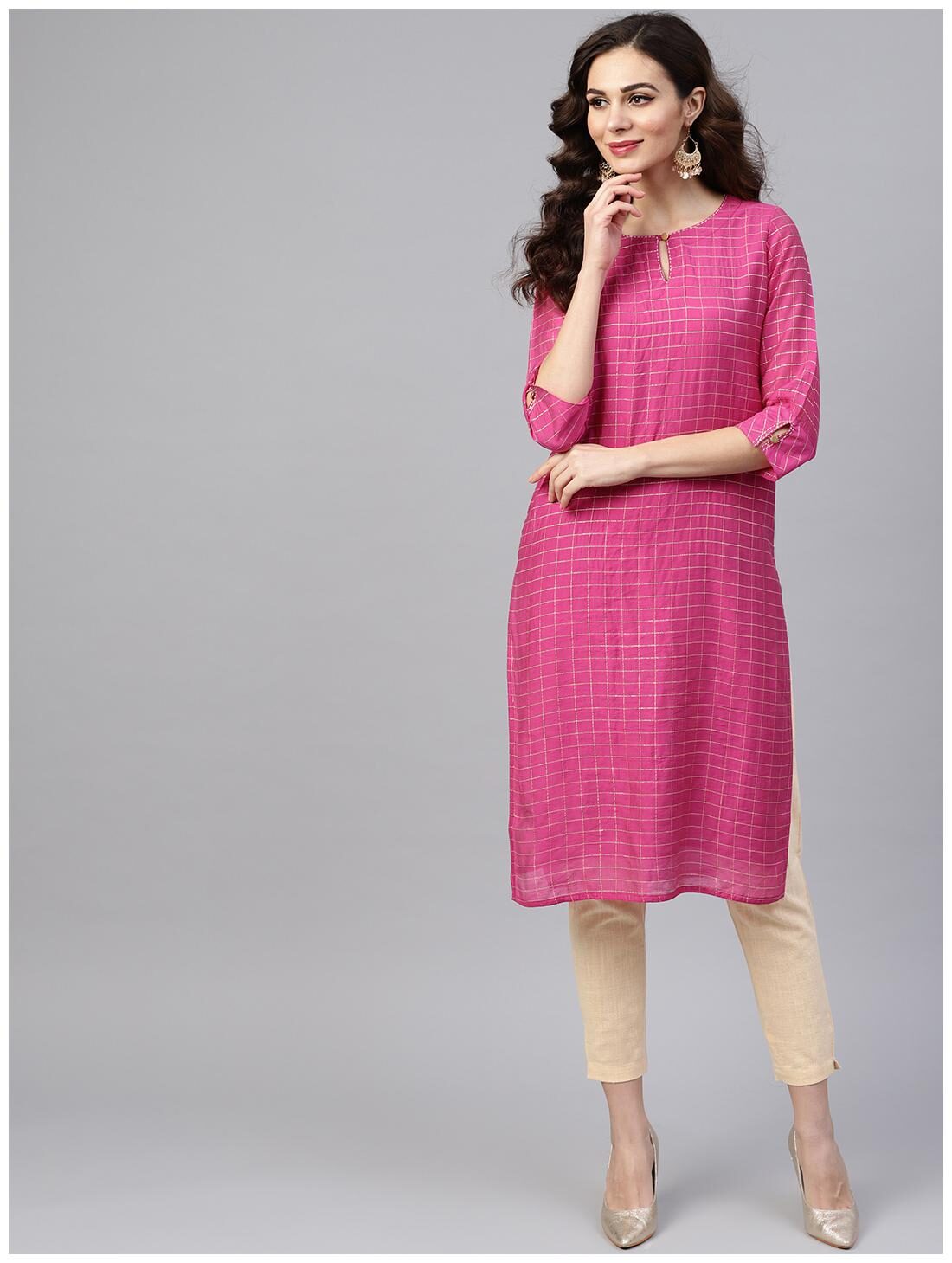 

Jaipur Kurti Women Pink Beige Printed Straight Kurta With Pants