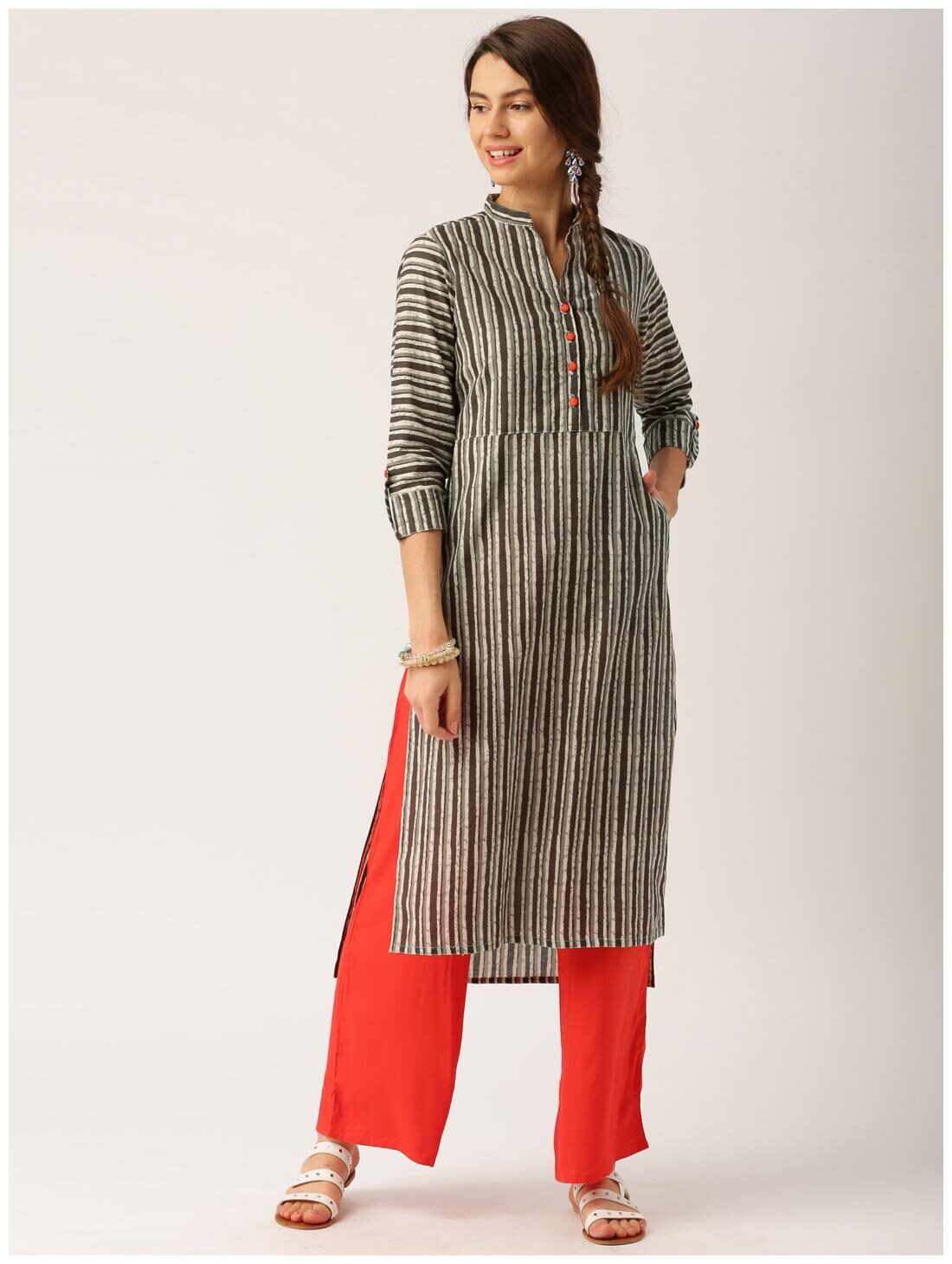 

Jaipur Kurti Women Grey Striped Straight Kurta