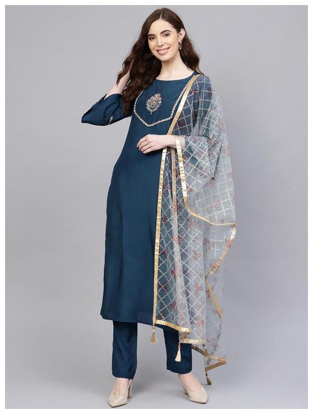 

Jaipur Kurti Women Turquoise Solid Straight Kurta With Palazzo And Dupatta