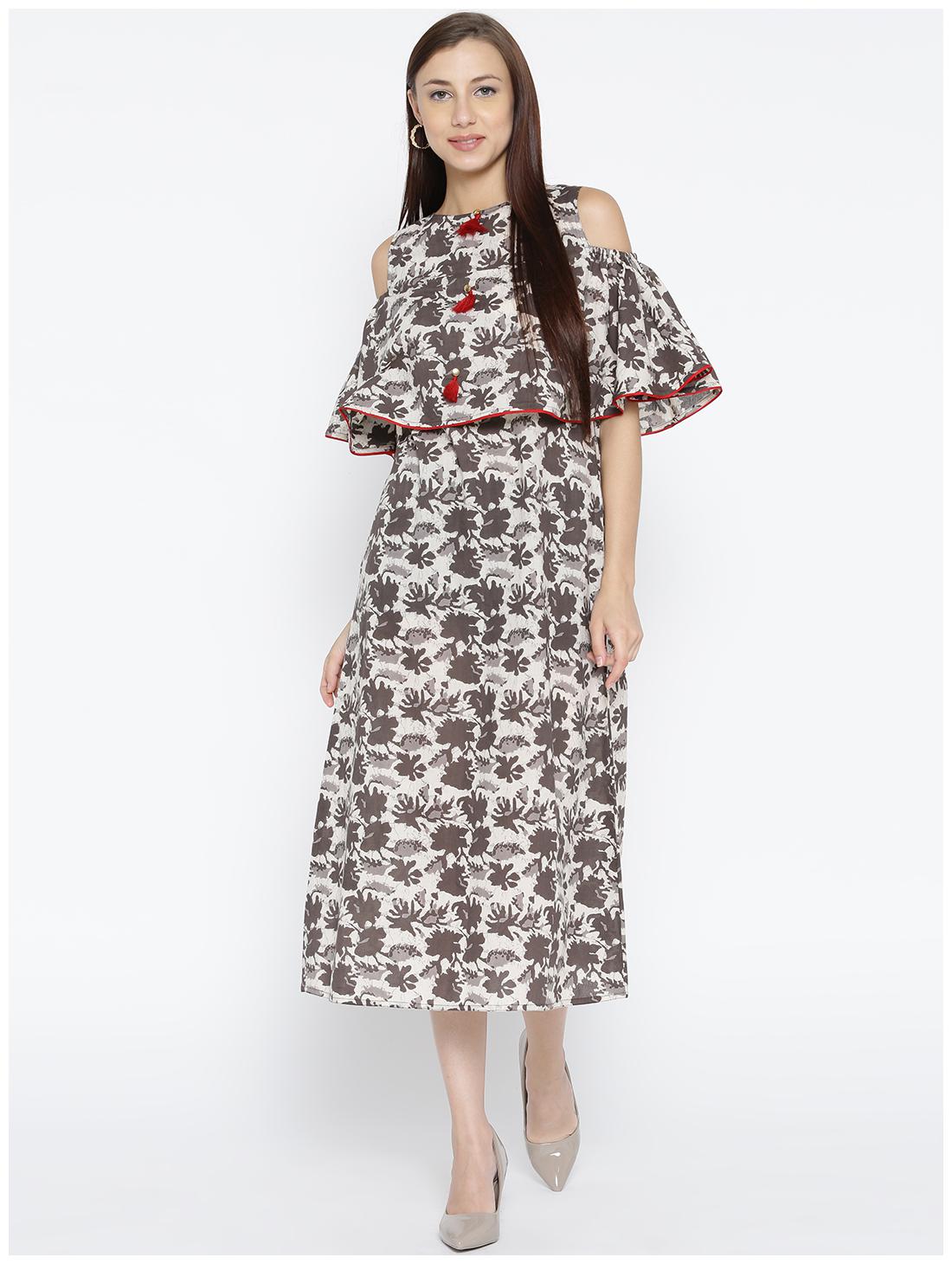 

Jaipur Kurti Women Brown Printed Cold Shoulder A-Line Kurtis
