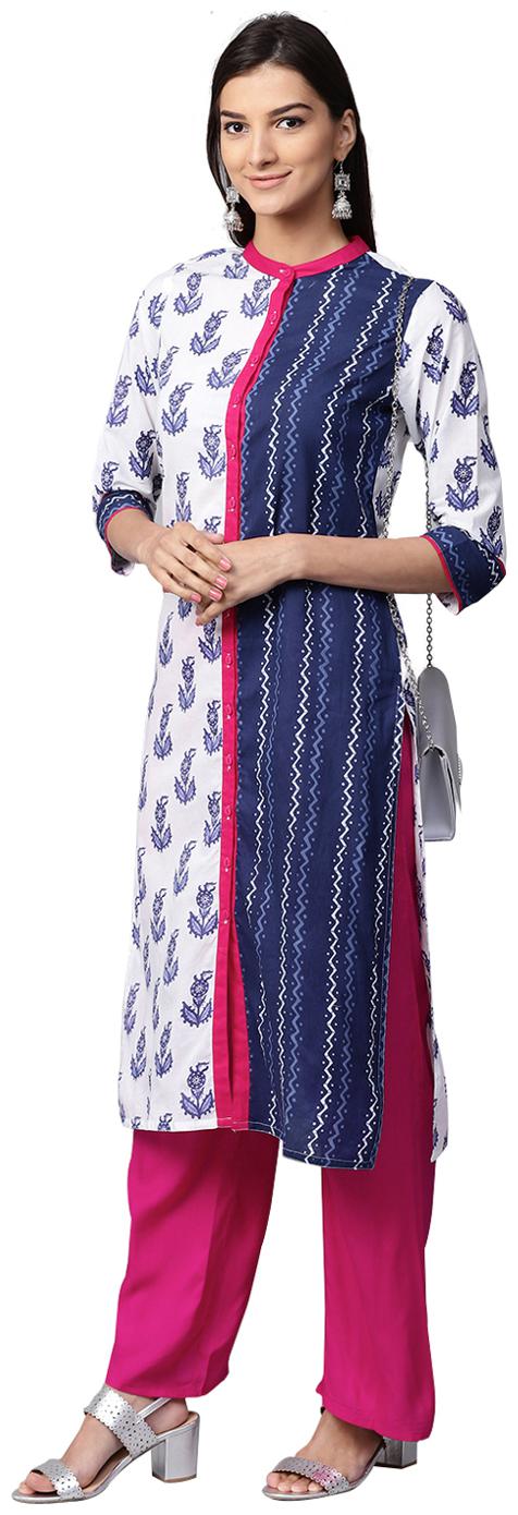 

Jaipur Kurti Women Blue Pink Printed Cotton Kurta with Palazzos