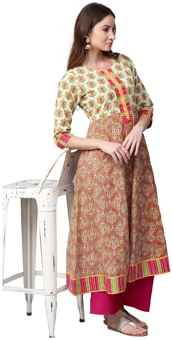 

Jaipur Kurti Women Green Orange Printed Cotton Kurta with Palazzos