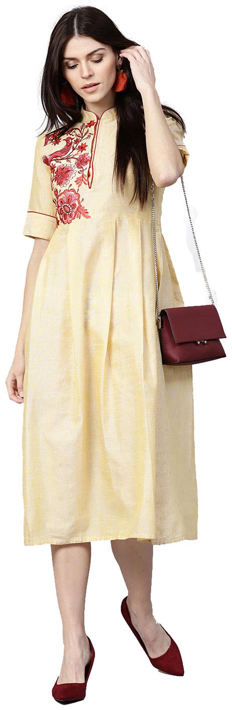 

Jaipur Kurti Women Yellow Solid A-Line Rayon Slub Kurti Dress