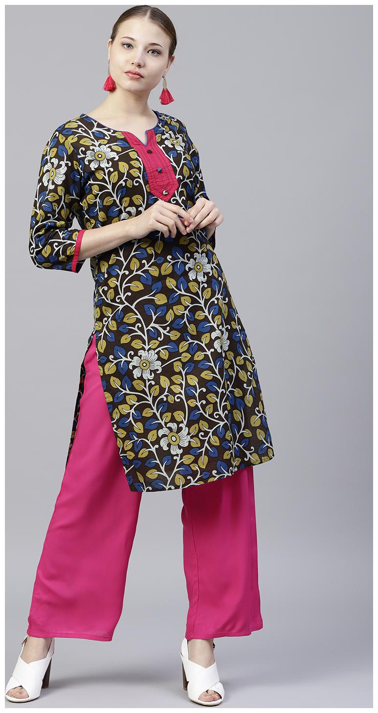 

Jaipur Kurti Women Brown Rani Ethnic Motifs Straight Cotton Kurta with Palazzo