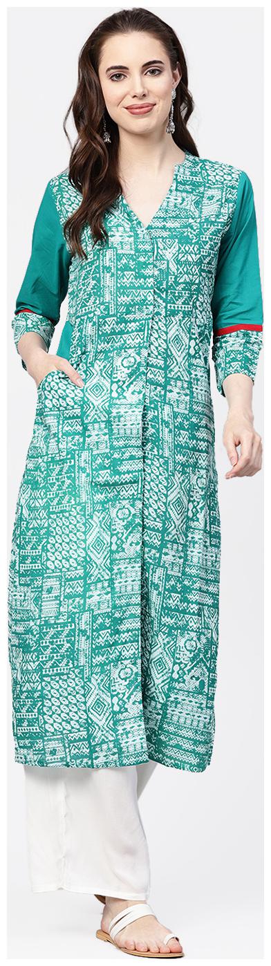 

Jaipur Kurti Women Green Printed Straight Kurta With Palazzo