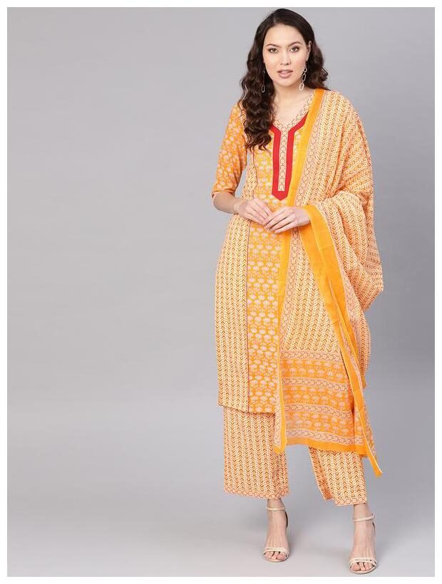 

Jaipur Kurti Women Cotton Floral Suit Set - Yellow