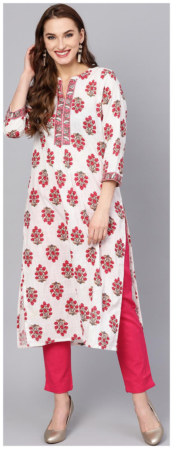 

Jaipur Kurti Women White Pink Ethnic Motifs Straight Kurta With Pants