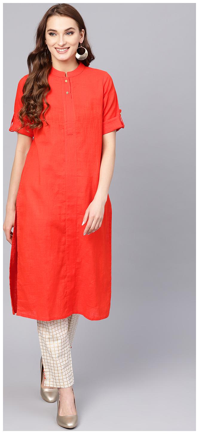 

Jaipur Kurti Women Red Off White Solid Straight Kurta With Pants