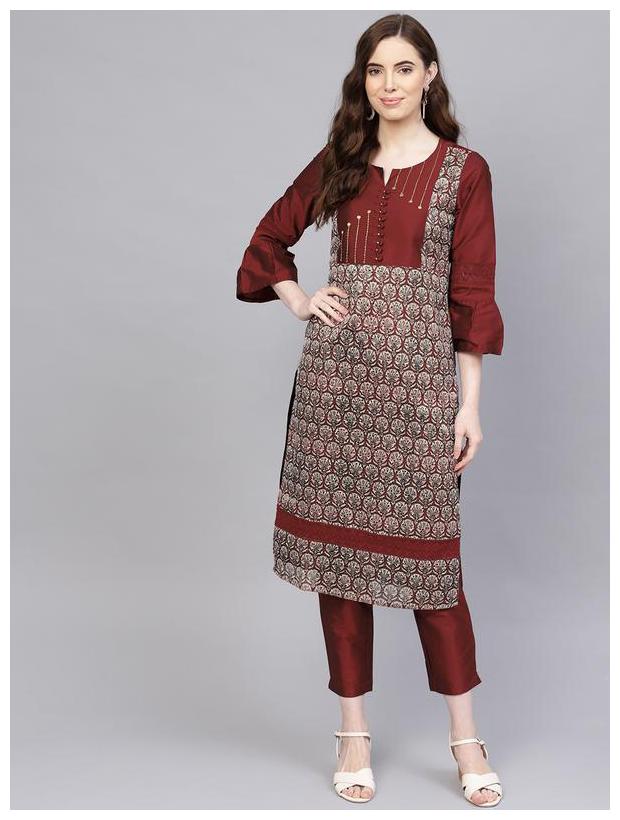 

Jaipur Kurti Women Maroon Ethnic Motifs Straight Kurta With Palazzo