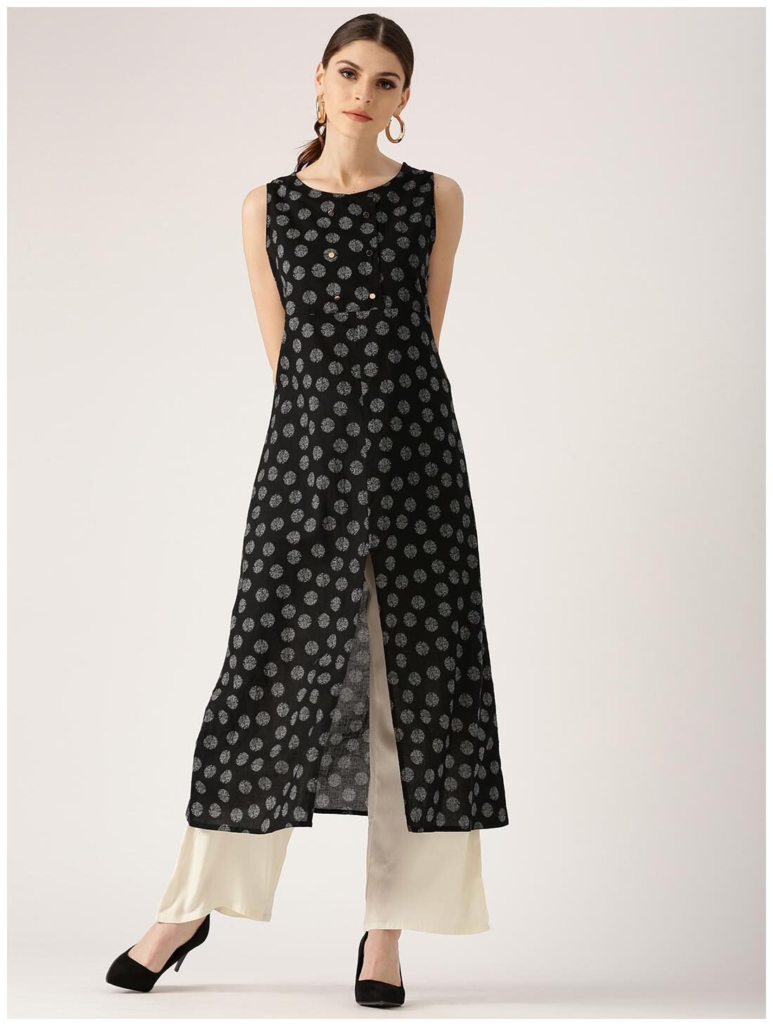 

Jaipur Kurti Women Black Polka Dots A Line Cotton Kurta With Off White Palazzo Set