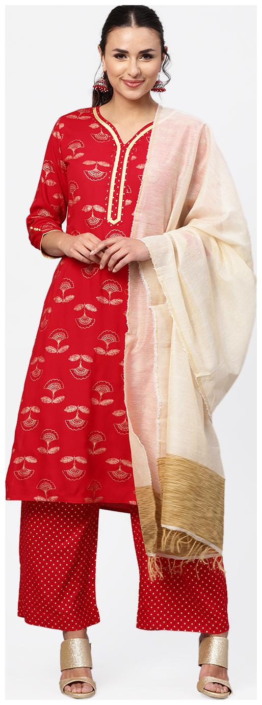 

Jaipur Kurti Women Red Printed Straight Kurta With Palazzo
