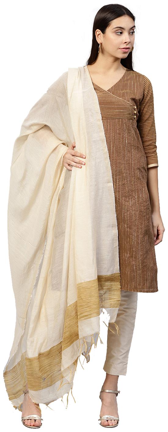 

Jaipur Kurti Women Brown Striped Straight Kurta With Pants And Dupatta
