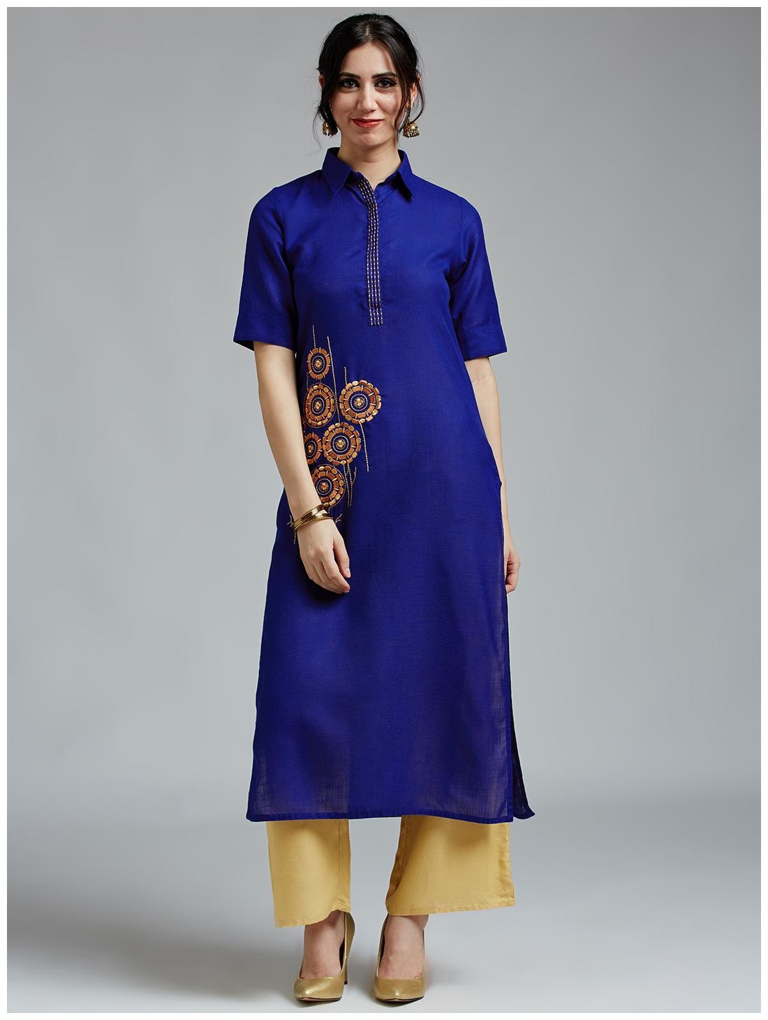 

Jaipur Kurti Women S Blue Handloom Cotton Kurta With Beige Palazzo