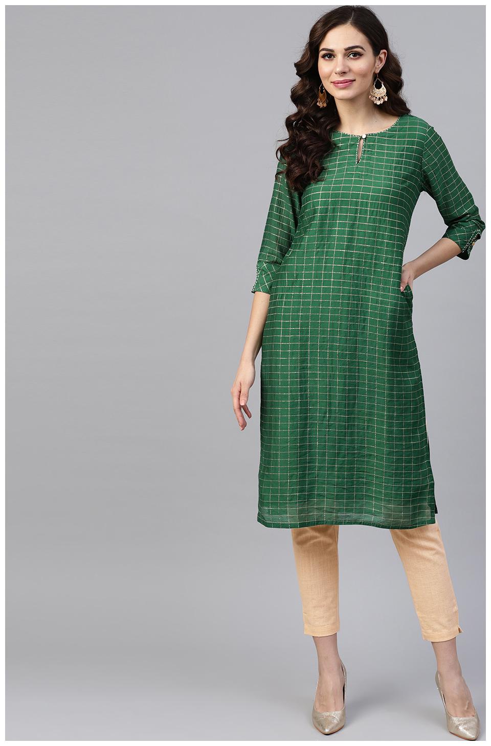 

Jaipur Kurti Women Green Beige Printed Straight Kurta With Pants