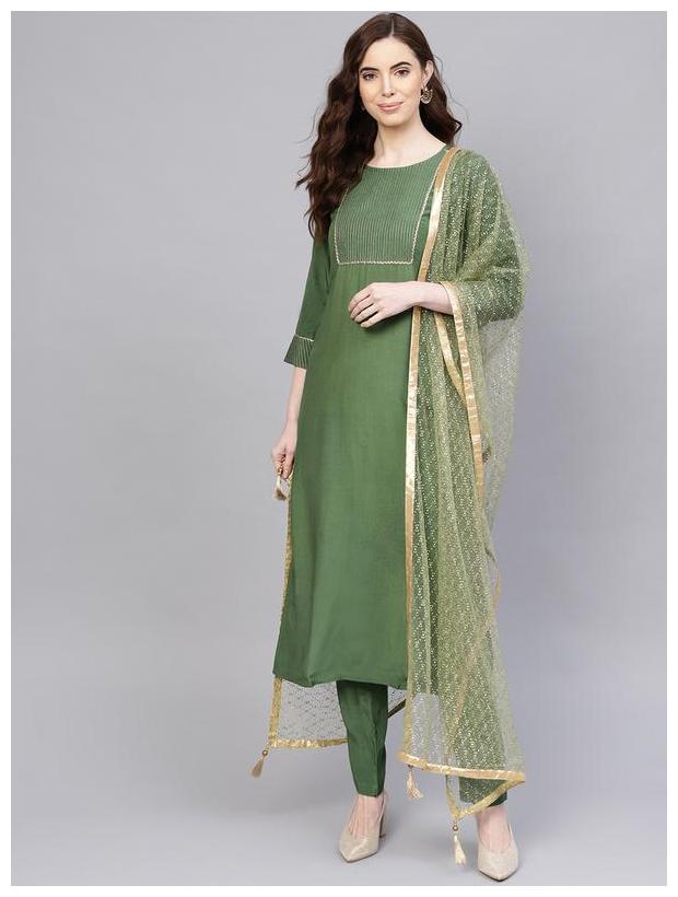 

Jaipur Kurti Women Green Solid Straight Kurta With Palazzo And Dupatta