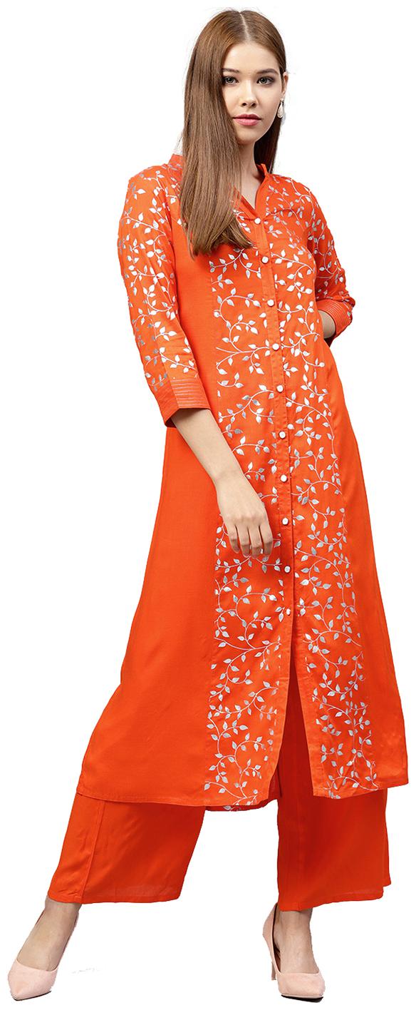 

Jaipur Kurti Women Orange Solid A-Line Rayon Kurta with Palazzo