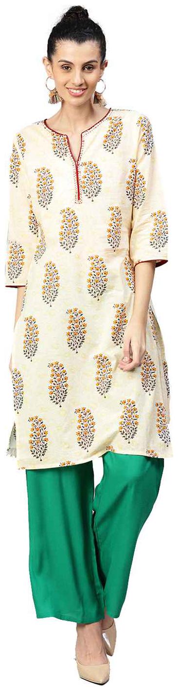 

Jaipur Kurti Women Cream Green Ethnic Motifs Straight Cotton Kurta with Palazzo