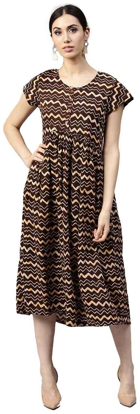 

Jaipur Kurti Women Brown Geometric A-Line Cotton Fusion Kurti