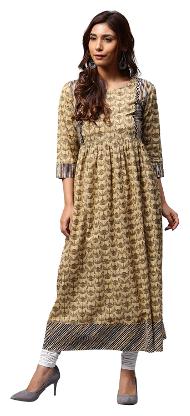

Jaipur Kurti Women Beige Ethnic Motifs Embroidered A-Line Cotton Slub Kurta