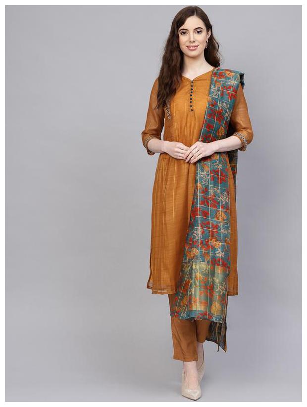 

Jaipur Kurti Women Chanderi Straight Suit Set -Brown