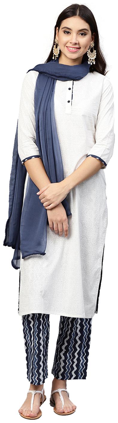 

Jaipur Kurti Women White Blue Self Zig-Zag Straight Cotton Kurta with Palazzo