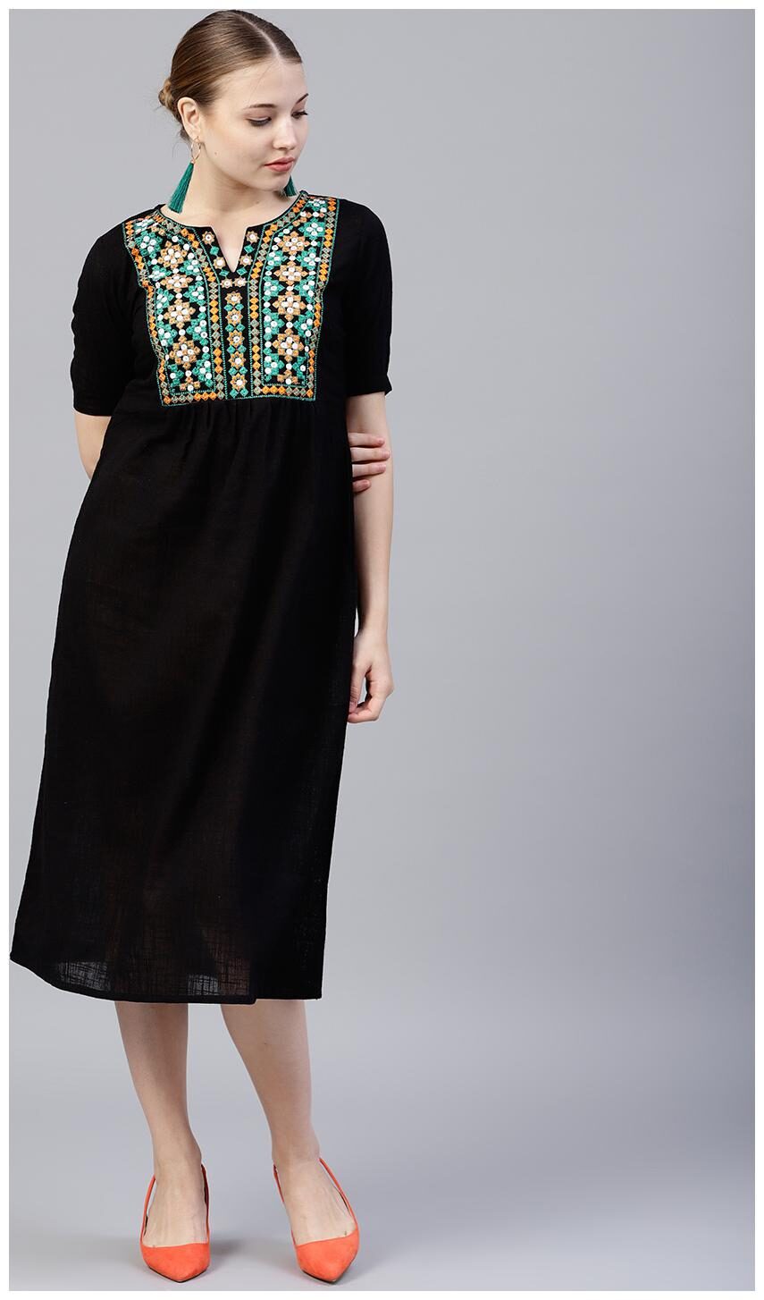 

Jaipur Kurti Women Black Embroidered A-Line Cotton Slub Kurti Dress