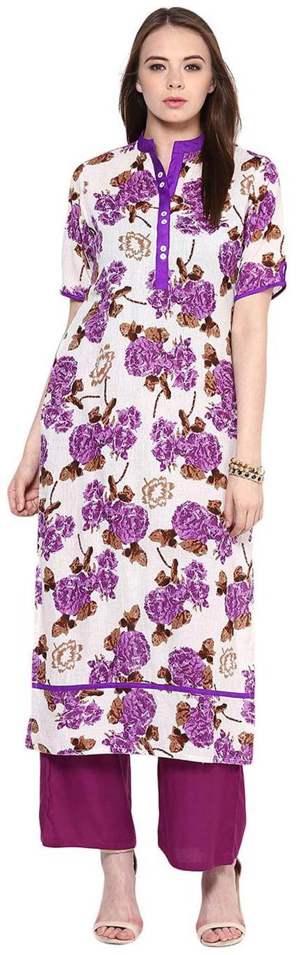

Jaipur Kurti S Cotton White Kurta With Purple Rayon Palazzo Pants