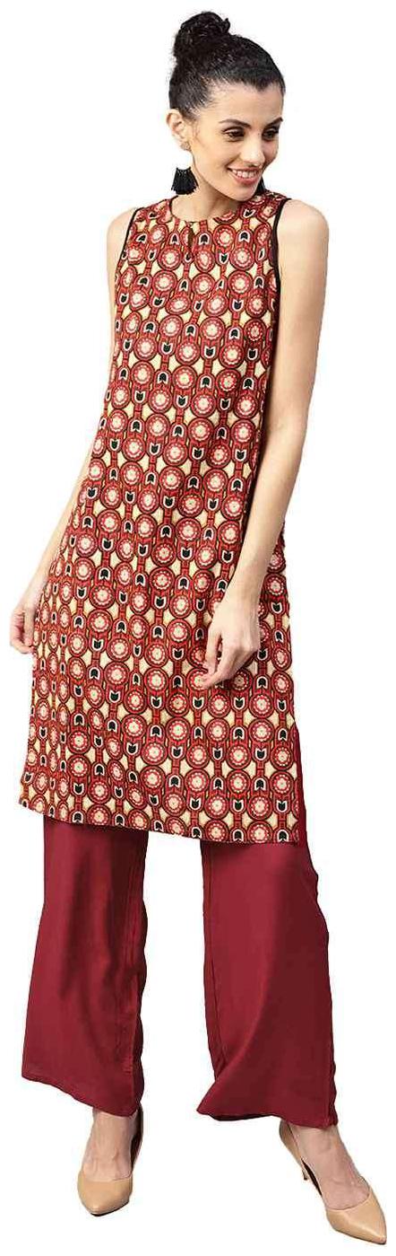 

Jaipur Kurti Women Maroon Geometric Straight Cotton Slub Kurta with Palazzo