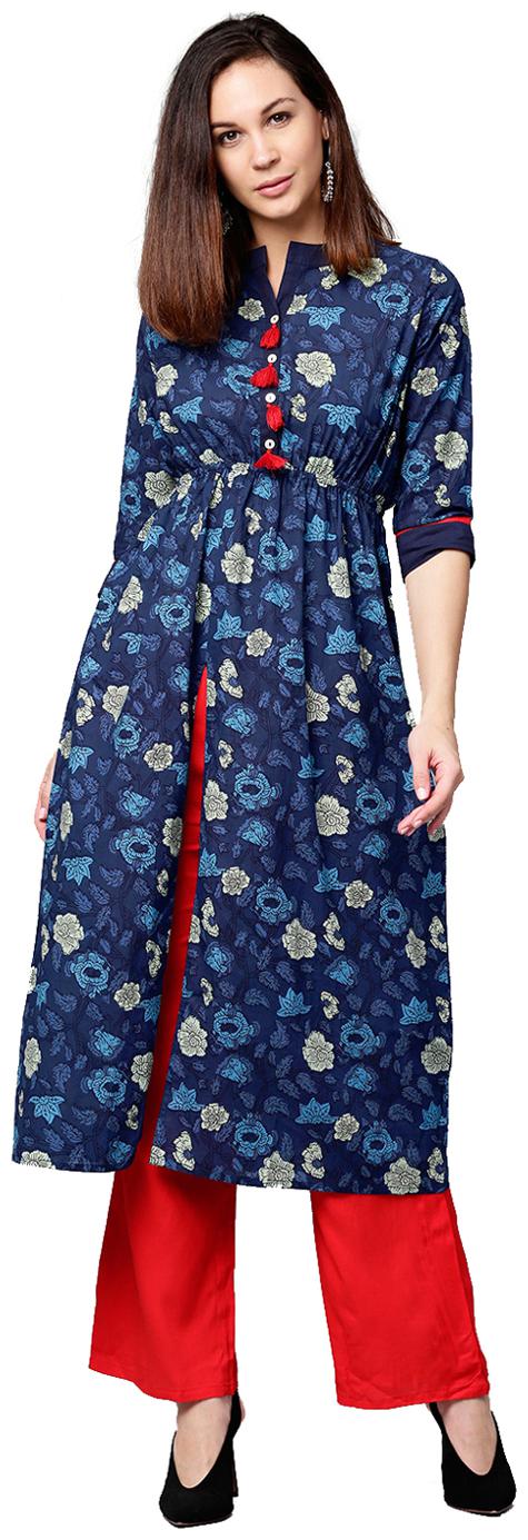 

Jaipur Kurti Women Blue Red Floral A-Line Cotton Kurta With Palazzo