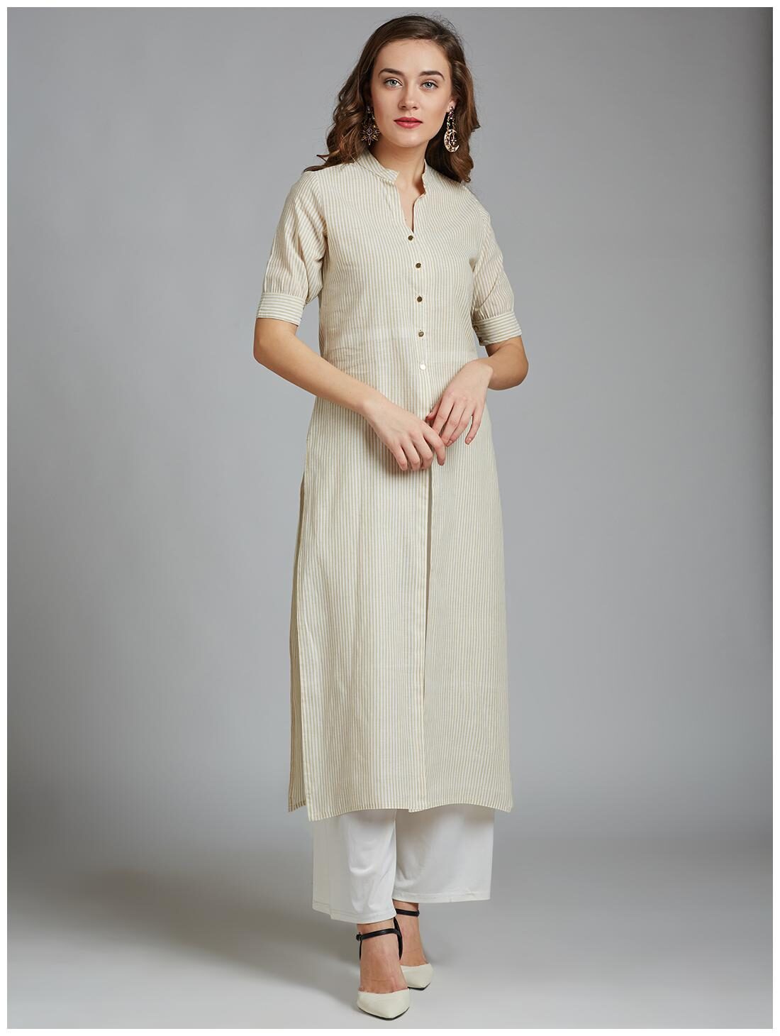 

Jaipur Kurti Women White Striped Straight Kurta