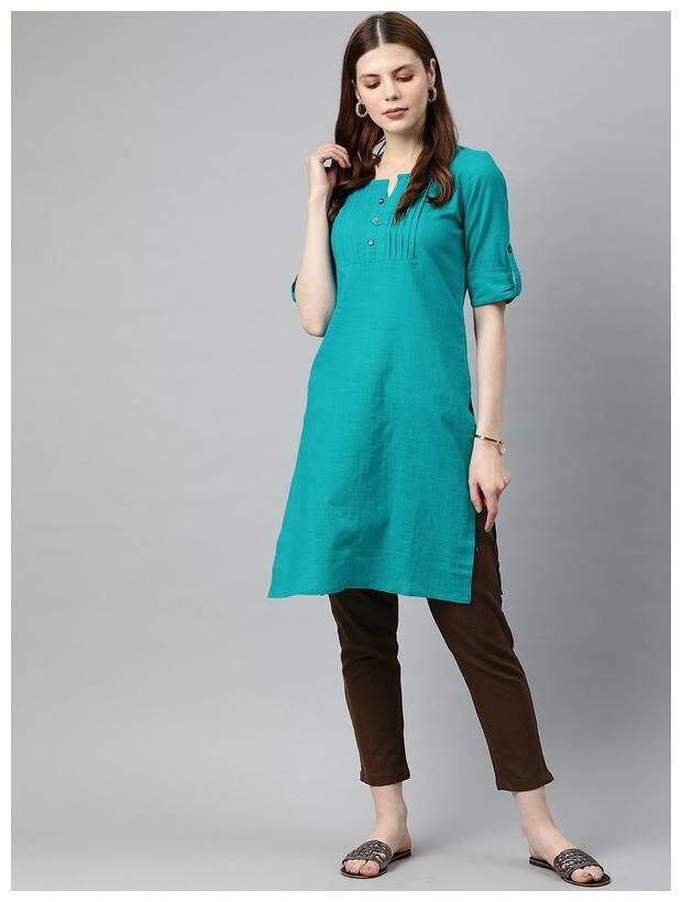 

Jaipur Kurti Women Turquoise Brown Solid Straight Kurta With Trousers