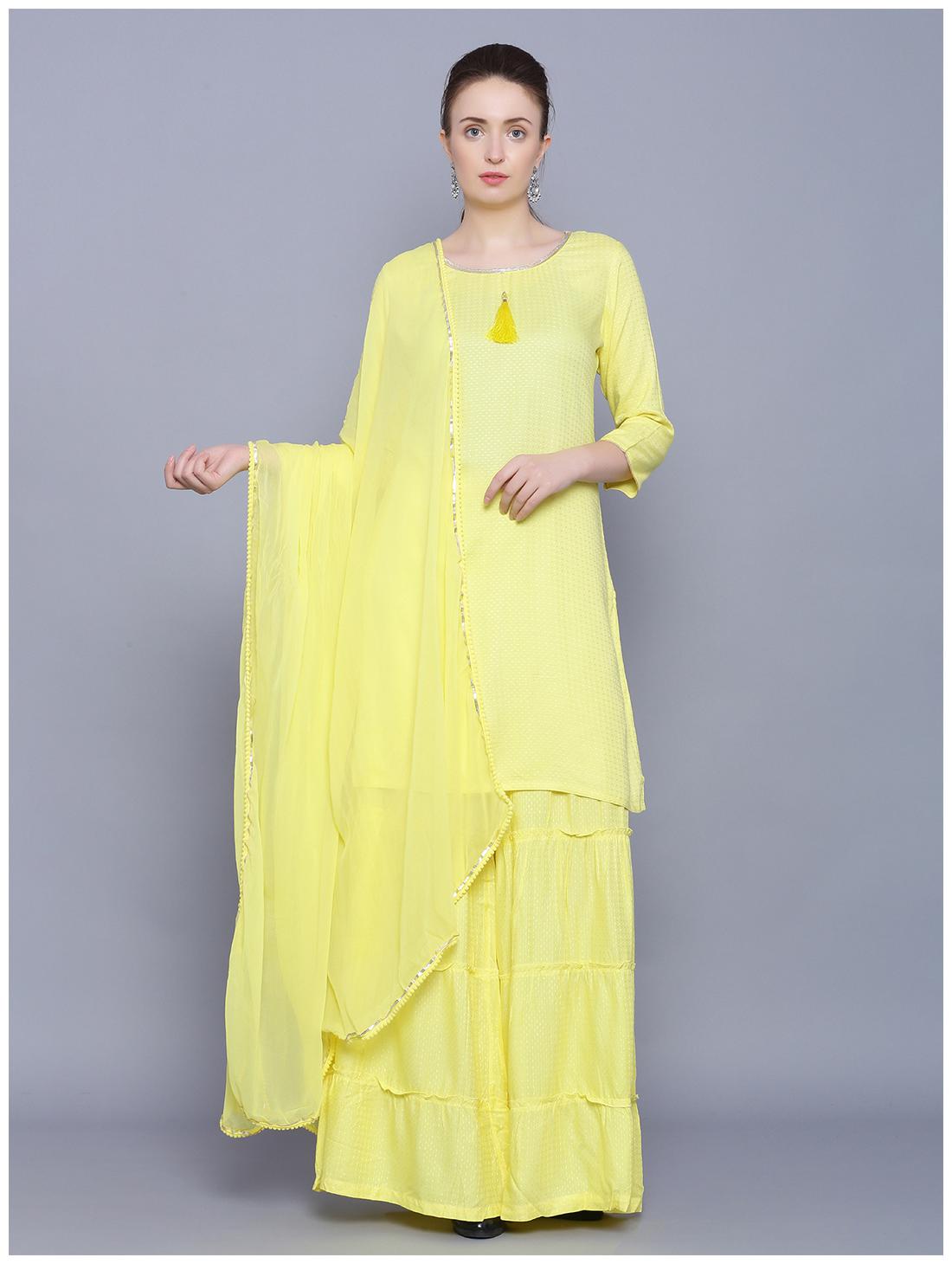 

Jaipur Kurti Women Yellow Printed Straight Kurta With Palazzo And Dupatta