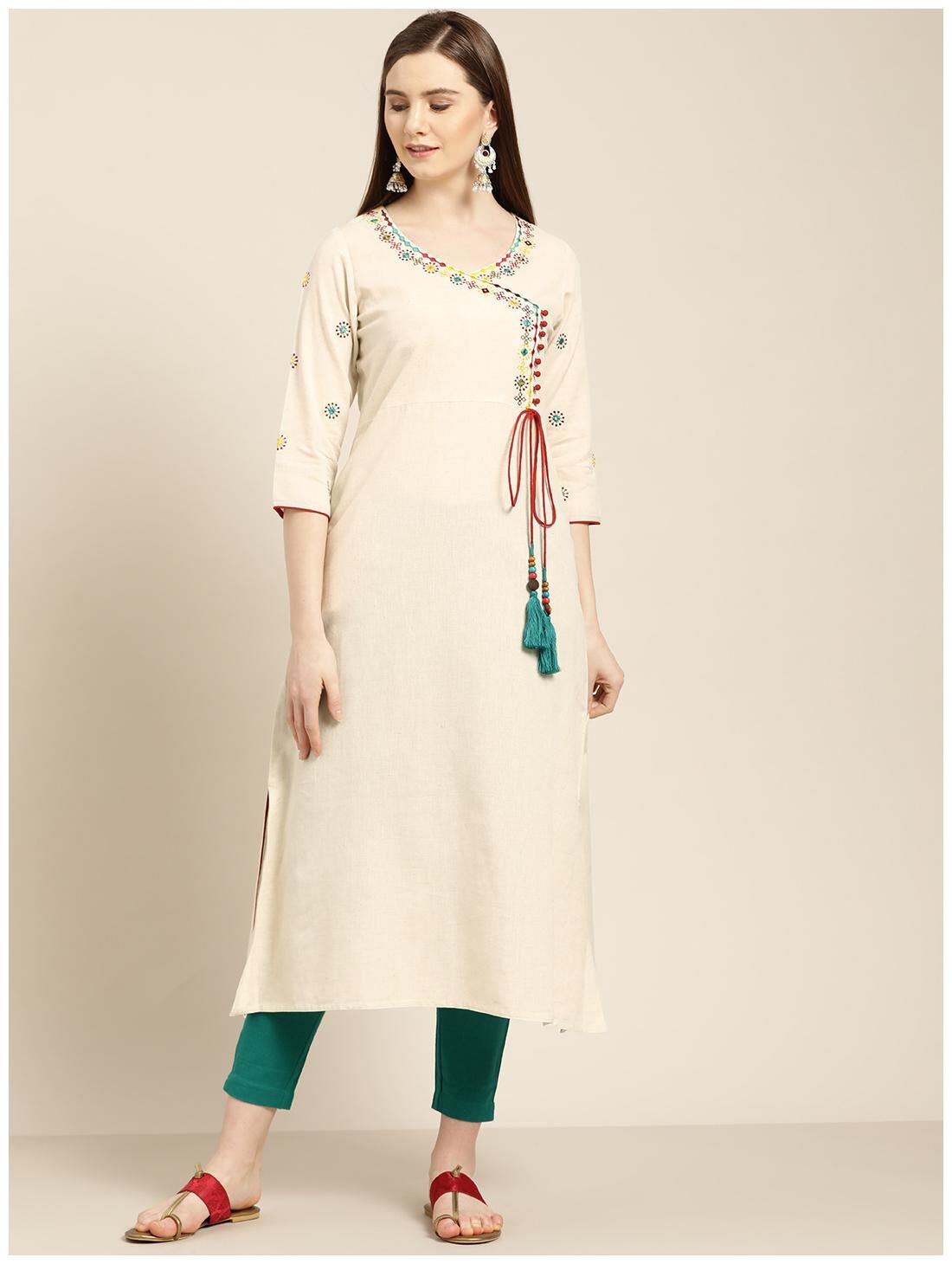 

Jaipur Kurti Cotton Embroidered Cream Green Kurta Trousers Without Dupatta