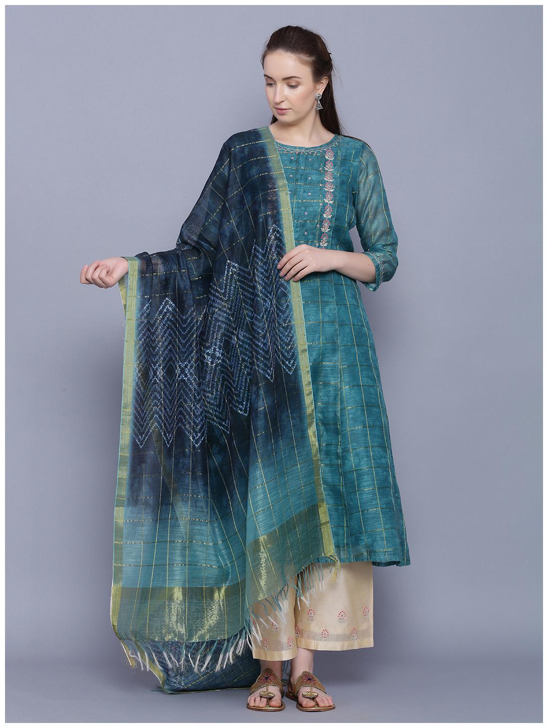 

Jaipur Kurti Blended Green Checkered Women Palazzo With Dupatta For Women